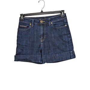 Vintage Women Jean Denim Shorts Bling Pockets Cuffed Dark Wash Size 8 Euro 38